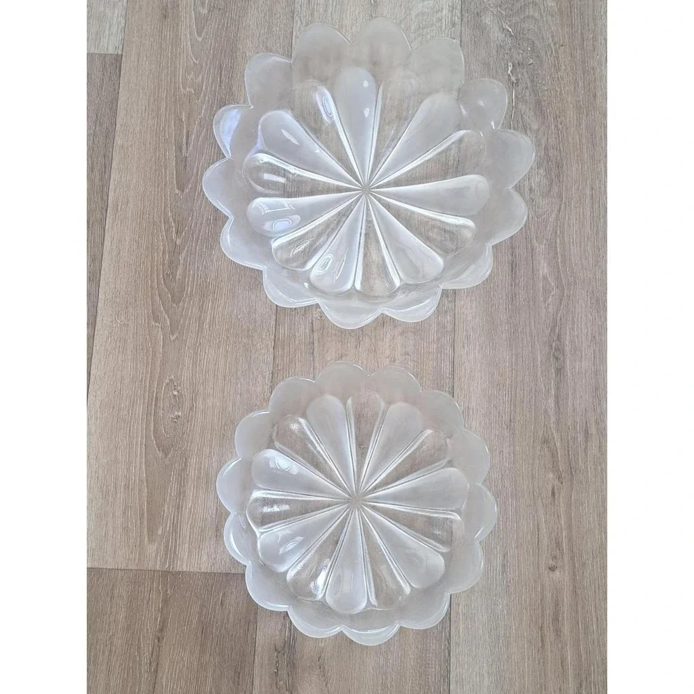 Vintage Frosted Glass Petal Lotus Flower Bowls Set of 2 Scalloped Edge Decor